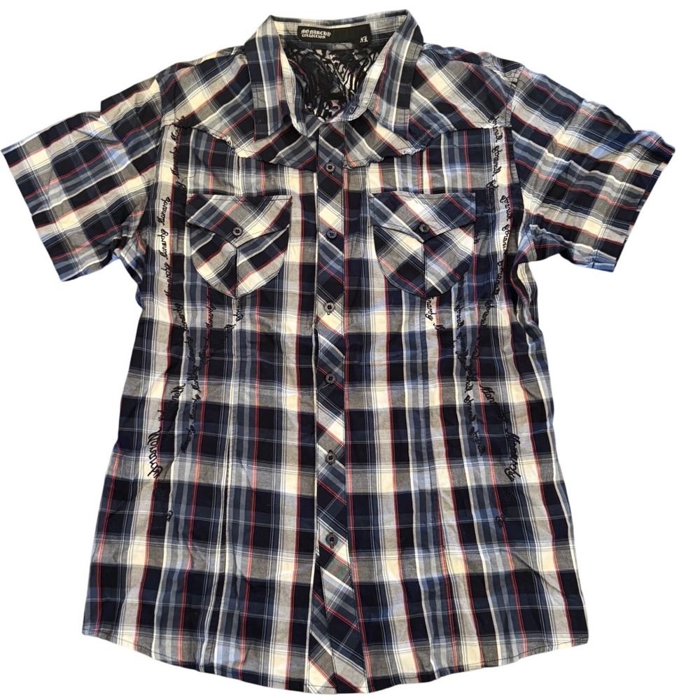 Monarchy Collection Mens XL Blue Plaid Causa Mortis Gothic Embroidered Shirt